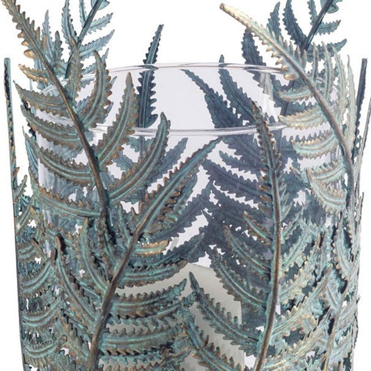 11" Green And Gold Distressed Botanical Leaf Metal Tabletop Hurricane Candle Holder