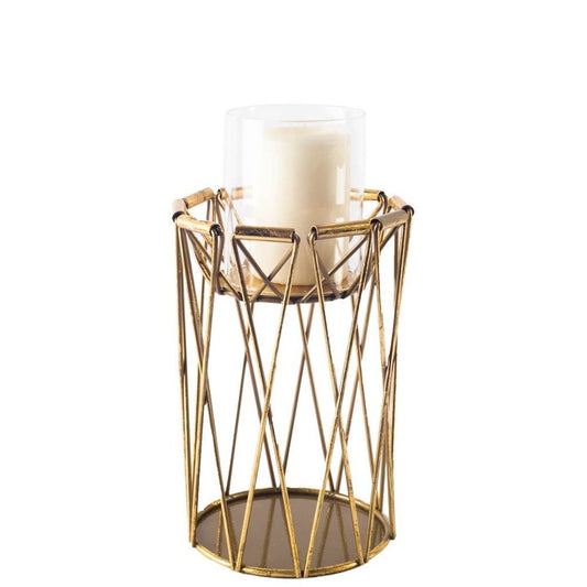 8" Antiqued Brass Distressed Geometric Metal And Glass Tabletop Hurricane Candle Holder