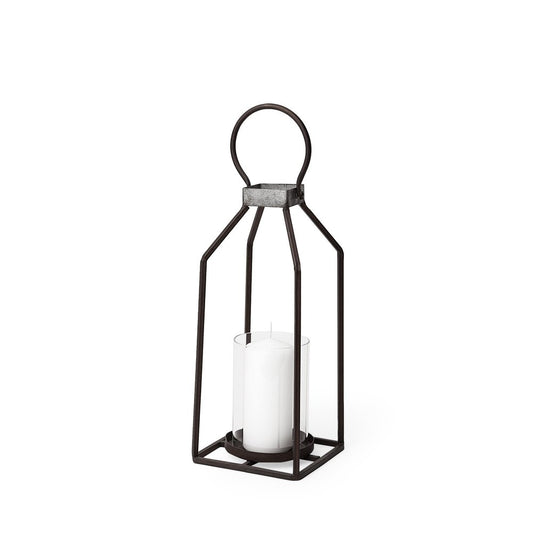 16" Black Distressed Geometric Metal And Glass Tabletop Votive Candle Holder