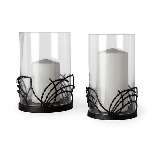 Set of Two Black Botanical Leaf Glass And Metal Tabletop Hurricane Candle Holders