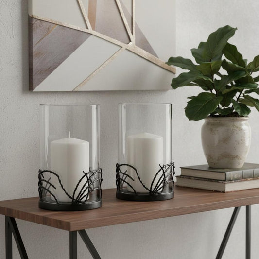 Set of Two Black Botanical Leaf Glass And Metal Tabletop Hurricane Candle Holders