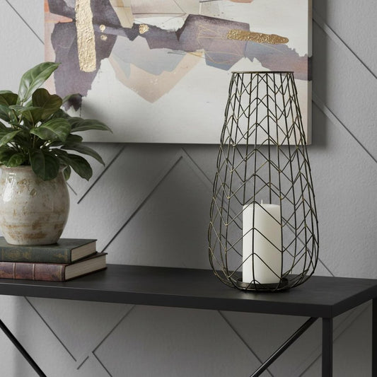 16" Gold Distressed Lattice Metal Tabletop Lantern Candle Holder
