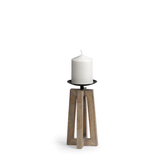 9" Light Brown Distressed Geometric Solid Wood And Metal Tabletop Pillar Candle Holder