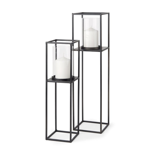 Set of Two Black Geometric Metal And Glass Tabletop Hurricane Candle Holders