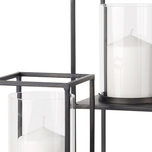 Set of Two Black Geometric Metal And Glass Tabletop Hurricane Candle Holders