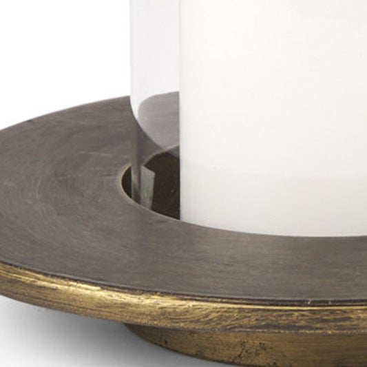 Set of Two Gold Distressed Geometric Metal Tabletop Hurricane Candle Holders