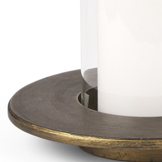 Set of Two Gold Distressed Geometric Metal Tabletop Hurricane Candle Holders