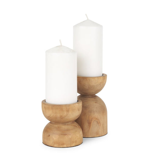 Set of Two Brown Distressed Geometric Solid Wood Tabletop Pillar Candle Holders