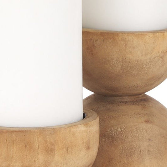 Set of Two Brown Distressed Geometric Solid Wood Tabletop Pillar Candle Holders