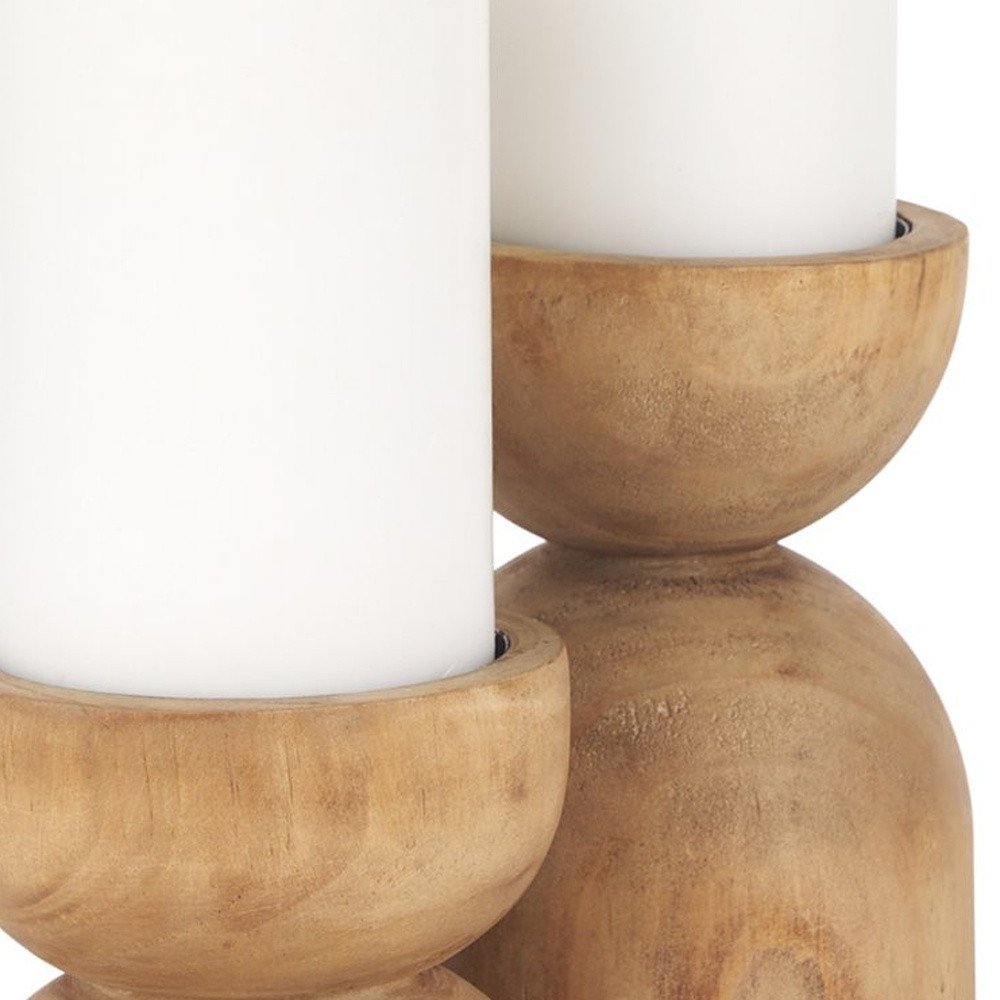 Set of Two Brown Distressed Geometric Solid Wood Tabletop Pillar Candle Holders