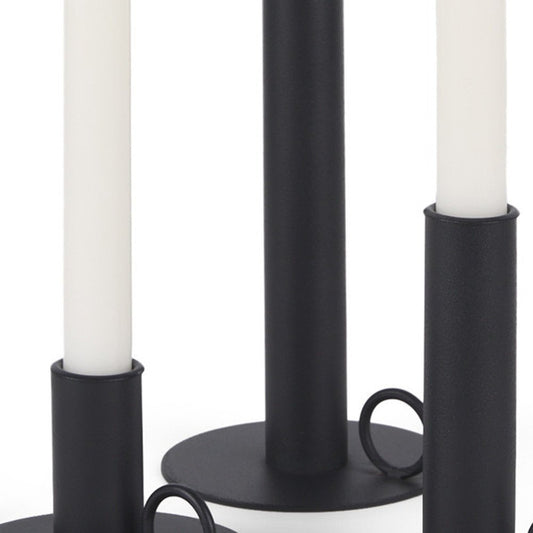 Set of Three Black Geometric Metal Tabletop Taper Candlesticks