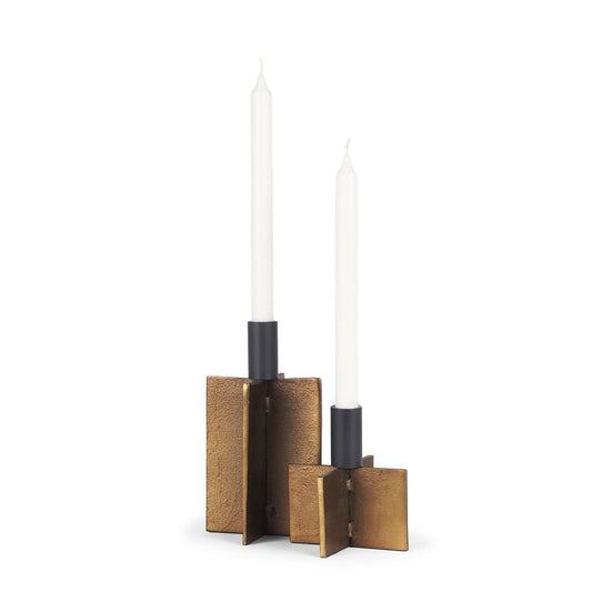 Set of Two Black And Antiqued Gold Distressed Geometric Metal Tabletop Taper Candle Holders