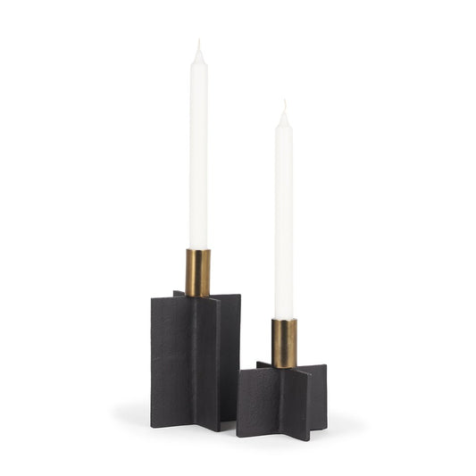 Set of Two Black And Gold Geometric Metal Tabletop Taper Candle Holders