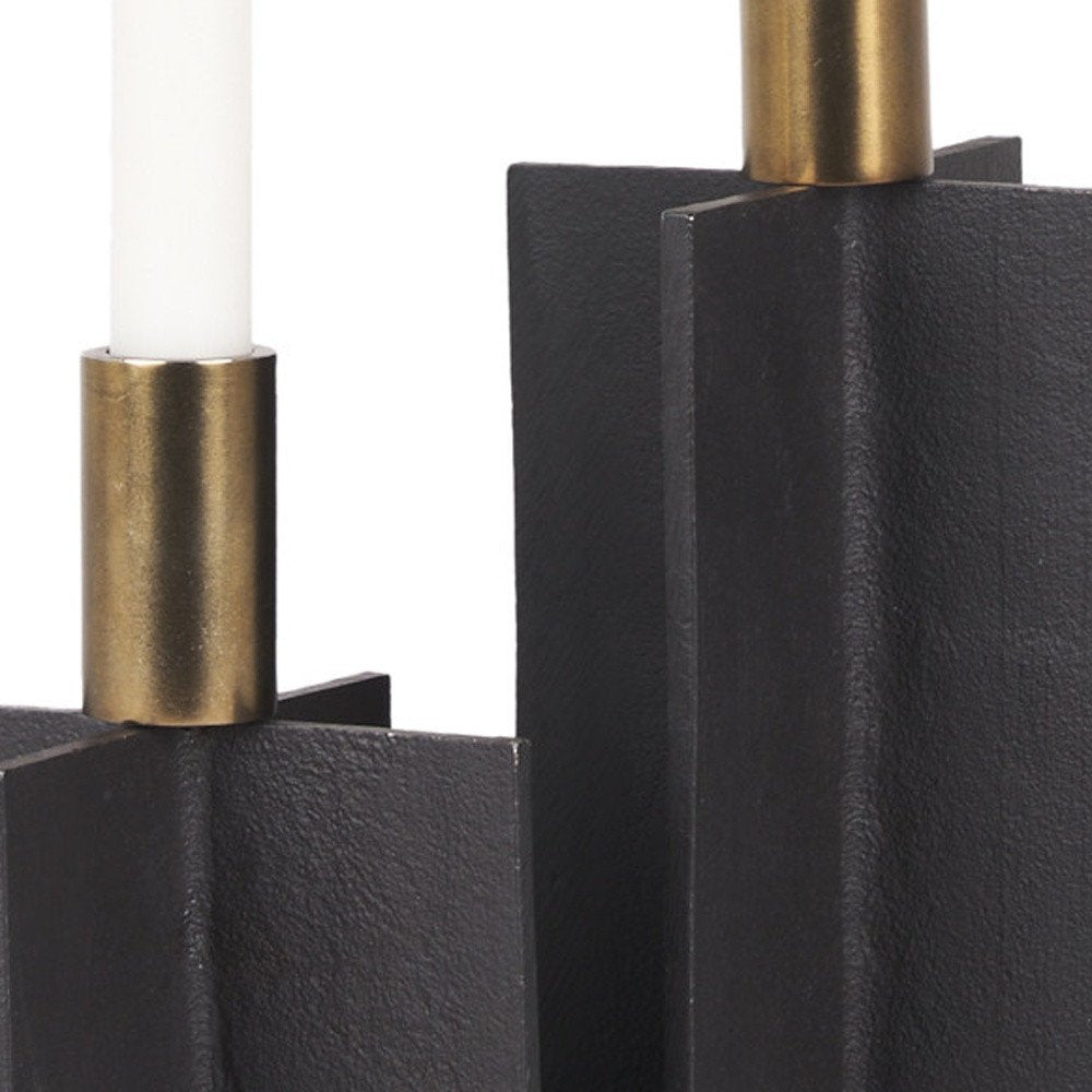 Set of Two Black And Gold Geometric Metal Tabletop Taper Candle Holders