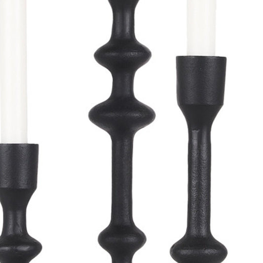 Set of Three Black Geometric Metal Tabletop Taper Candlesticks