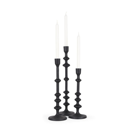 Set of Three Black Geometric Metal Tabletop Taper Candlesticks
