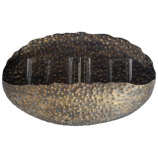 12" Bronze Distressed Hammered Glass And Metal Hurricane Candle Holder