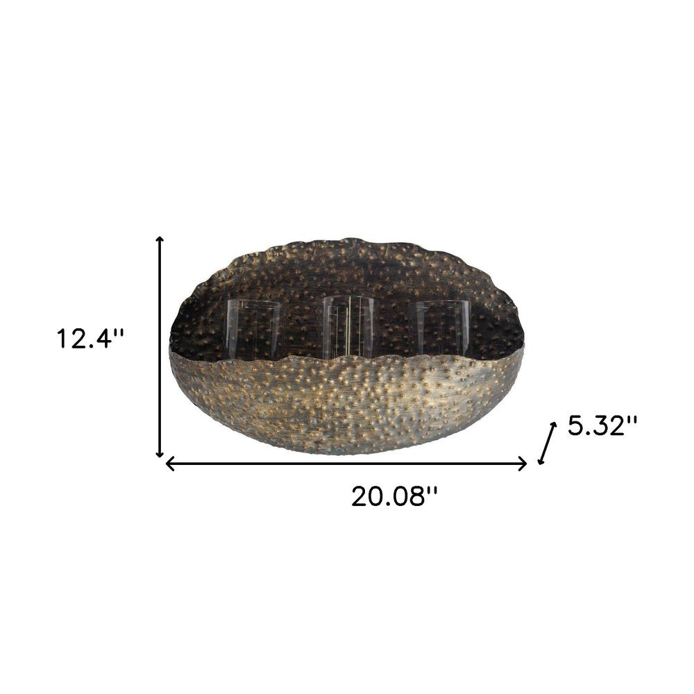 12" Bronze Distressed Hammered Glass And Metal Hurricane Candle Holder