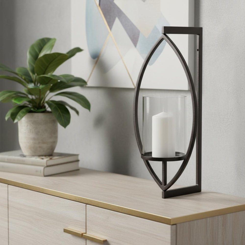 22" Black Geometric Metal And Glass Lantern Candle Holder
