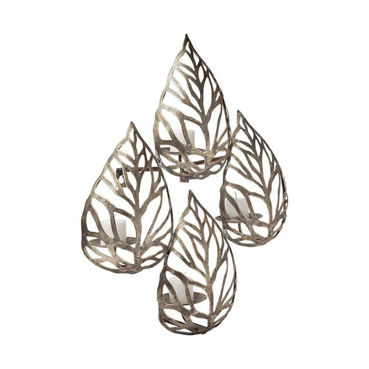 18" Champagne Distressed Botanical Leaf Metal Wall Sconce Candle Holder