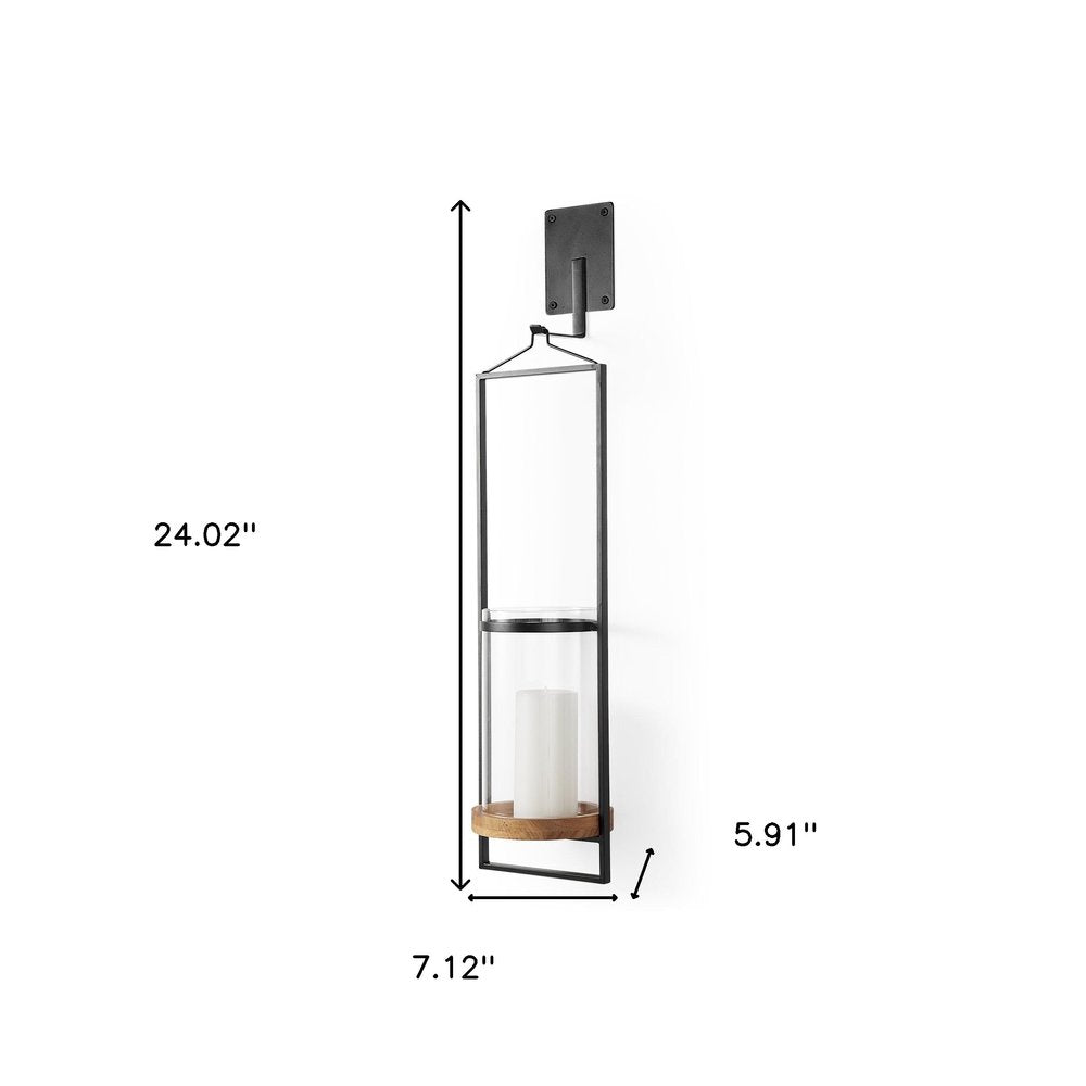 24" Black Distressed Geometric Metal Solid Wood And Glass Wall Sconce Candle Holder