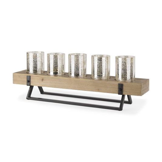 7" Black And Brown Distressed Mirrored Solid Wood Metal And Glass Tabletop Votive Candle Holder