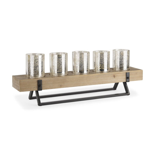 7" Black And Brown Distressed Mirrored Solid Wood Metal And Glass Tabletop Votive Candle Holder