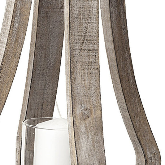 17" Brown Distressed Geometric Solid Wood And Metal Tabletop Hurricane Candle Holder