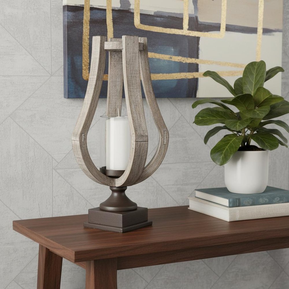 17" Brown Distressed Geometric Solid Wood And Metal Tabletop Hurricane Candle Holder