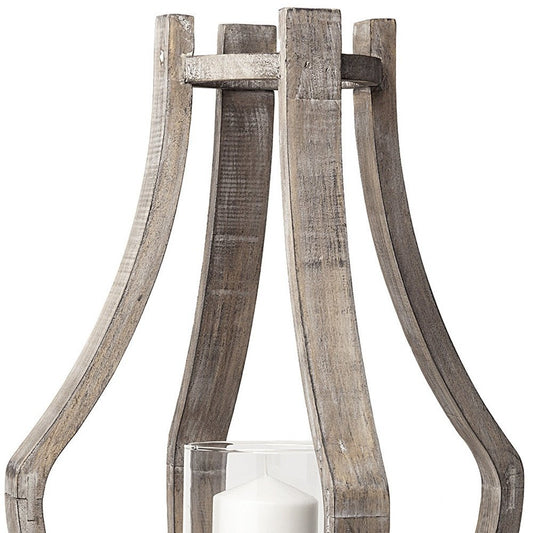 25" Brown Distressed Geometric Solid Wood Metal And Glass Tabletop Hurricane Candle Holder