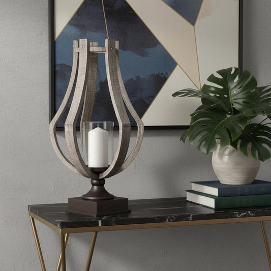 25" Brown Distressed Geometric Solid Wood Metal And Glass Tabletop Hurricane Candle Holder