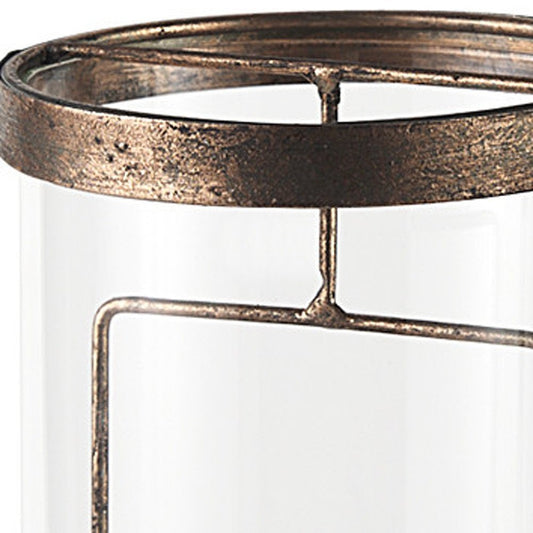 12" Copper Distressed Geometric Metal And Glass Tabletop Hurricane Candle Holder