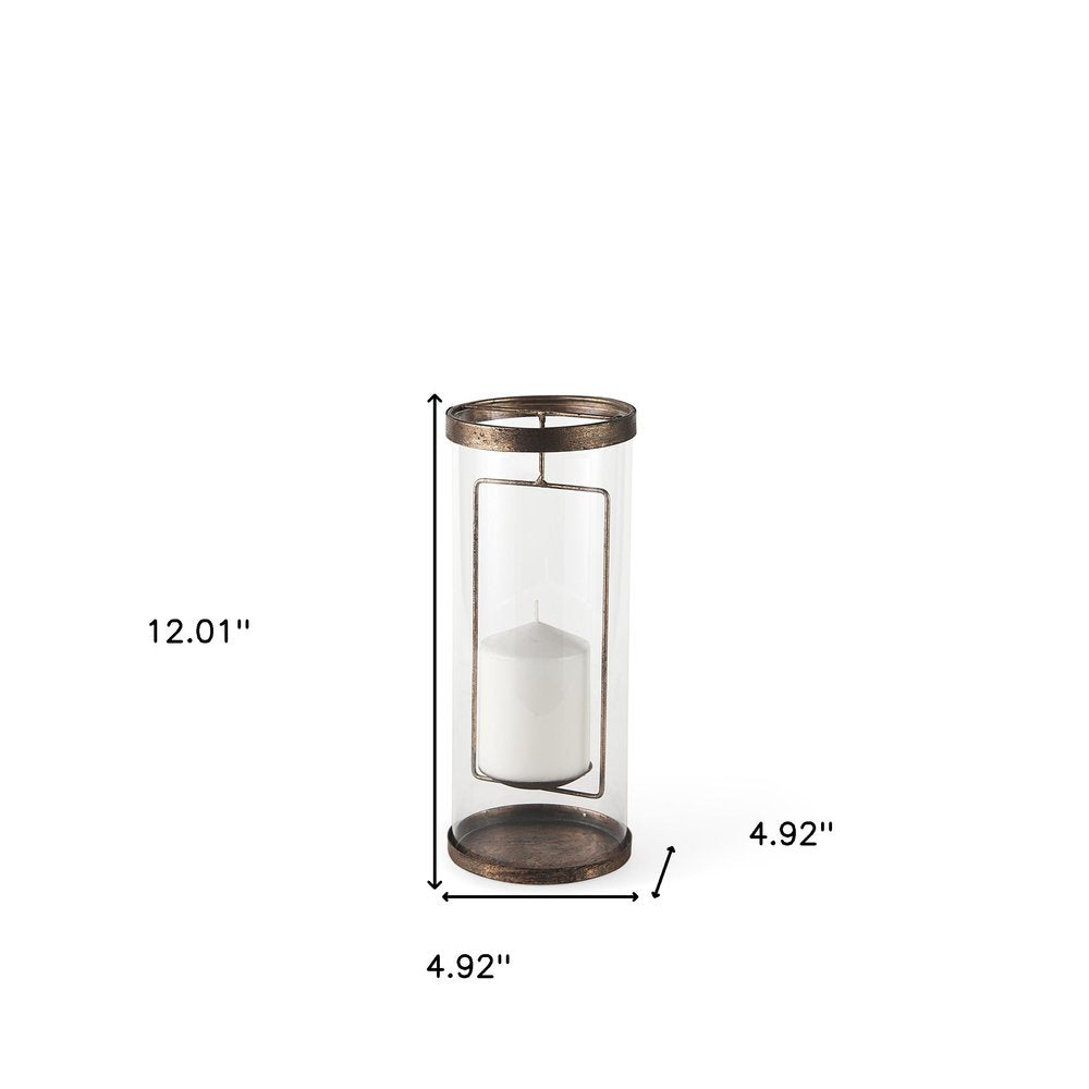 12" Copper Distressed Geometric Metal And Glass Tabletop Hurricane Candle Holder