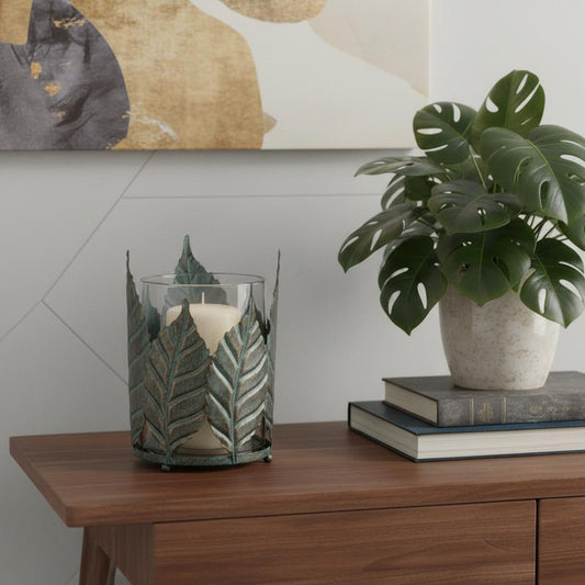 9" Green And Gold Distressed Botanical Leaf Metal And Glass Tabletop Hurricane Candle Holder