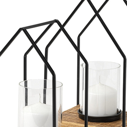 Set of Two Black And Brown Distressed Geometric Metal Tabletop Lantern Candle Holders