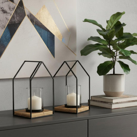 Set of Two Black And Brown Distressed Geometric Metal Tabletop Lantern Candle Holders