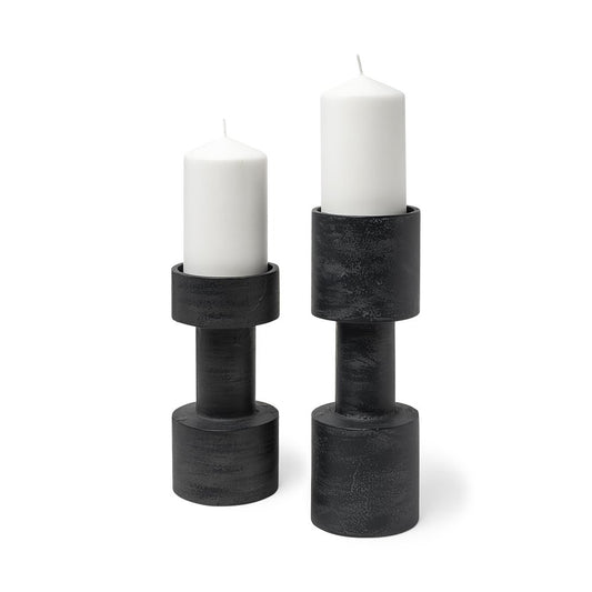 Set of Two Black Distressed Metal Tabletop Pillar Candle Holders