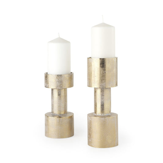Set of Two Gold Distressed Geometric Metal Tabletop Pillar Candle Holders