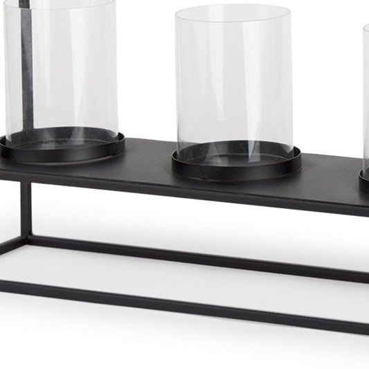 9" Black And Clear Geometric Metal And Glass Tabletop Hurricane Candle Holder