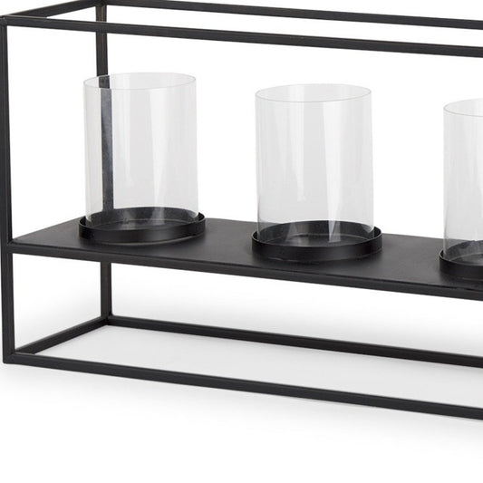 9" Black And Clear Geometric Metal And Glass Tabletop Hurricane Candle Holder