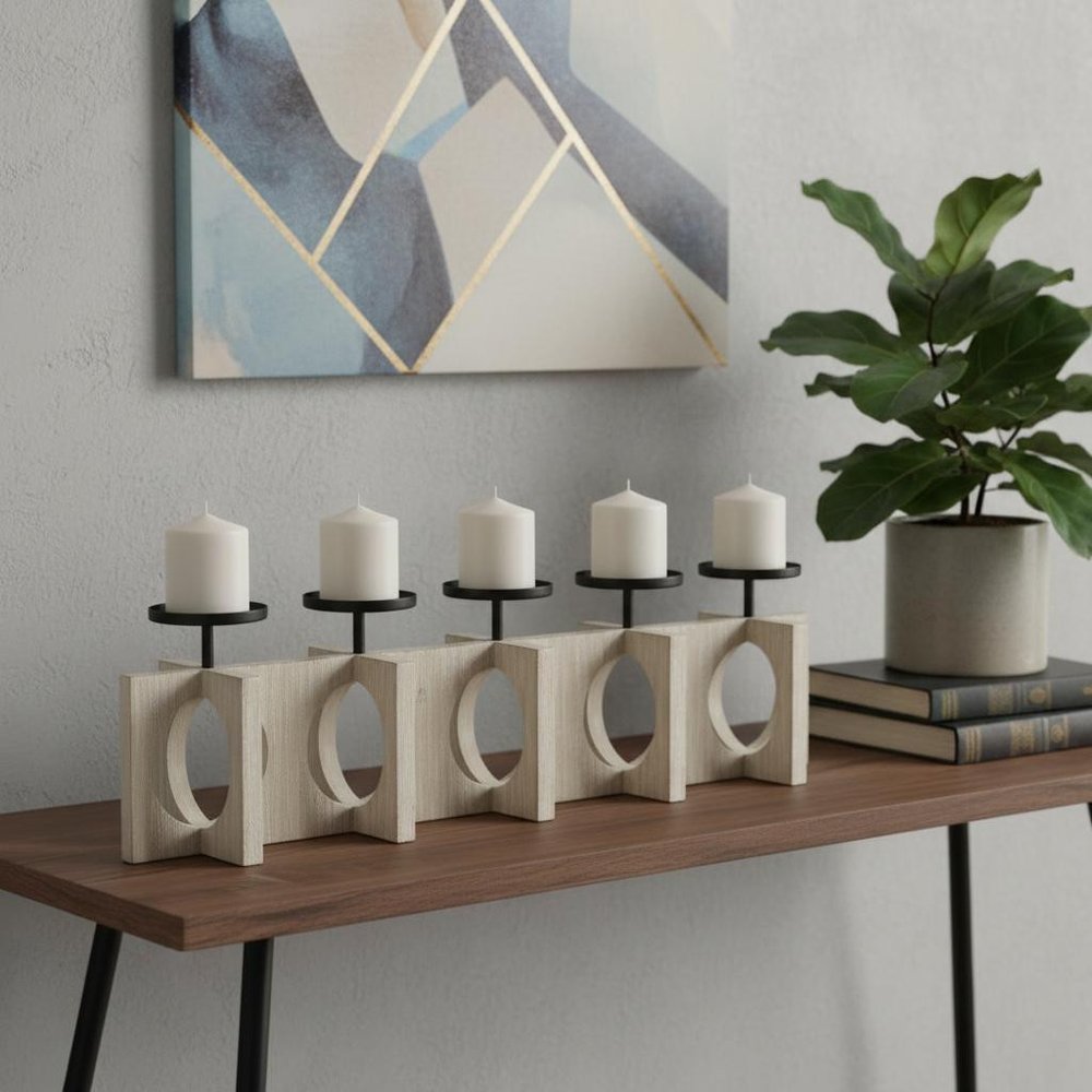 9" Black Distressed Geometric Solid Wood And Metal Tabletop Pillar Candle Holder