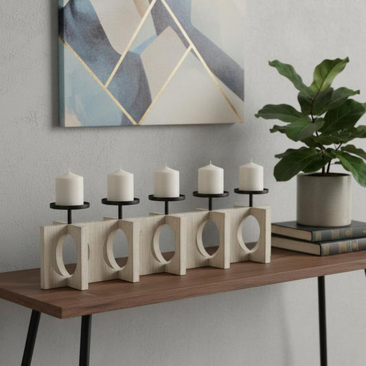 9" Black Distressed Geometric Solid Wood And Metal Tabletop Pillar Candle Holder