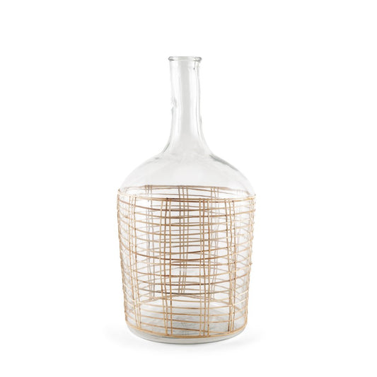 20" Clear And Natural Glass Round Floor Vase With Wrapped Rattan