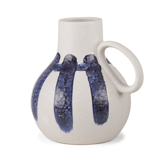 10" White And Blue Abstract Ceramic Amphora Jug Vase