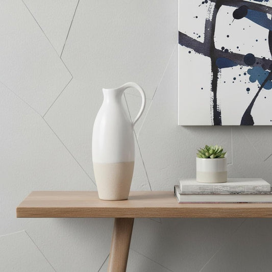 14" White And Beige Ombre Bud Ceramic Jug Vase