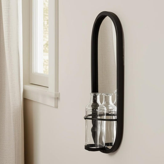 19" Black And Clear Glass Bottle Metal And Mirrored Glass Oval Wall Vase