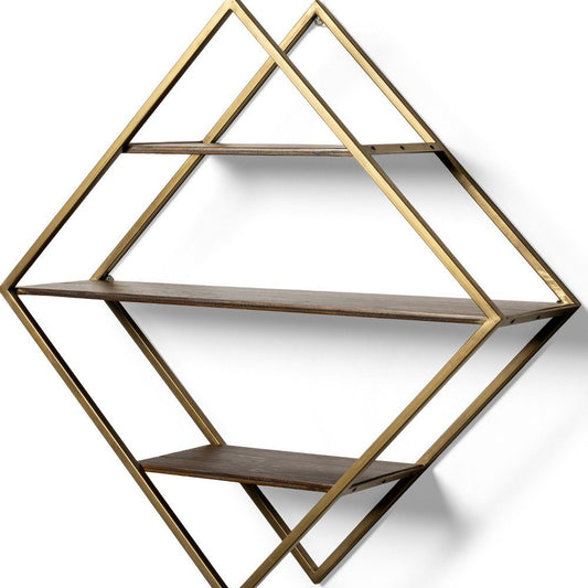 30" Antiqued Brass And Brown Metal And Solid Wood Diamond Shaped Accent Shelf