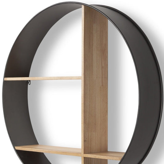 36" Black And Brown Metal And Wood Circular Multi Tier Shelf