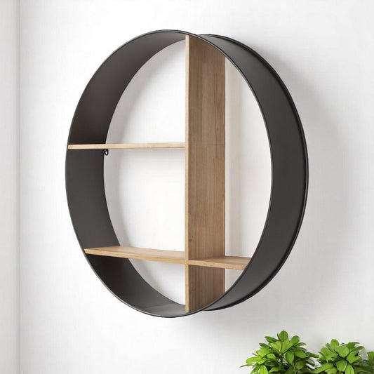 36" Black And Brown Metal And Wood Circular Multi Tier Shelf