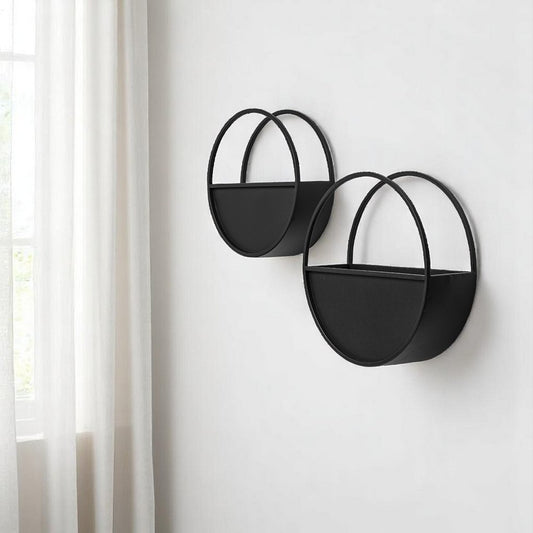 Set of Two Black Metal Round Hanging Planters